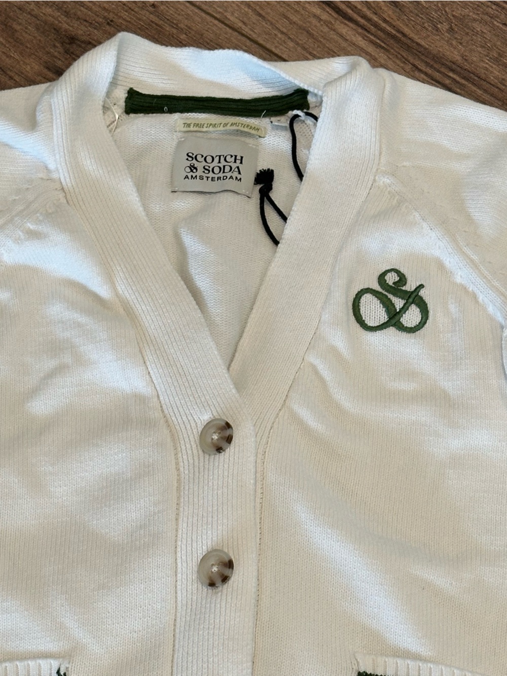 New! Scotch & Soda Amsterdam White Cardigan with Green Trim Small - Picture 5 of 11
